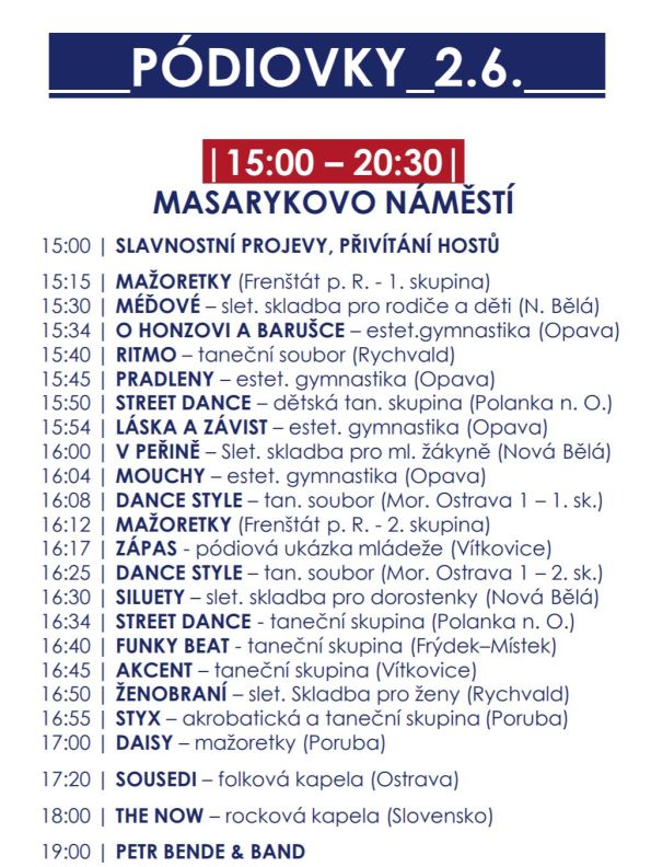 Program krajského sletu na Masarykově náměstí